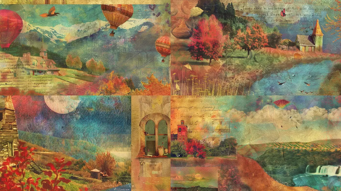 Dappled Dreamscape Collage with a Vintage Essence - Midjourney sref style