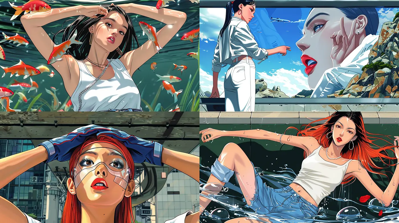 Aquatic Serenity Meets Urban Modernity: A Fusion of Vivid Realism and Graphic Illustration - Midjourney sref style