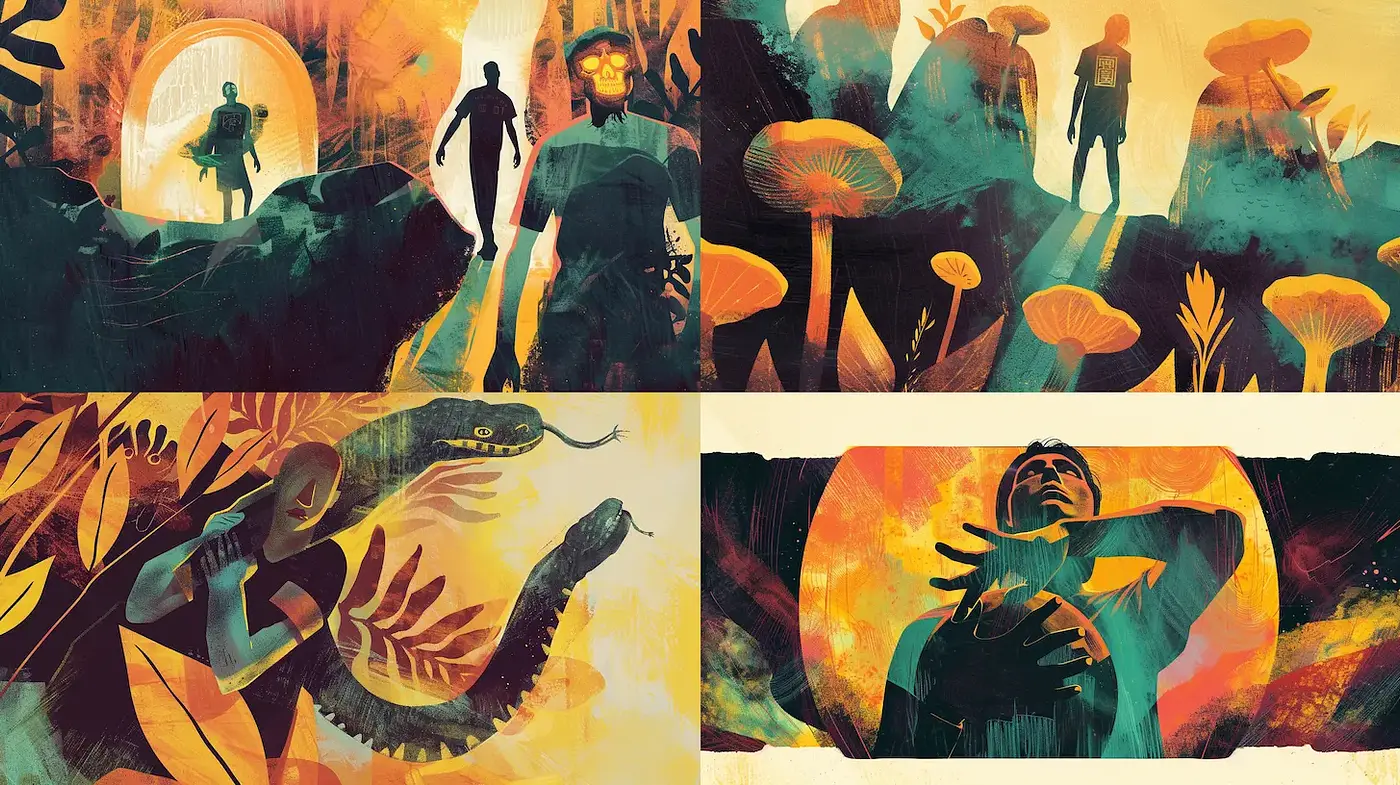 Vibrant and evocative exploration of nature and humanity through surreal visual storytelling - Midjourney sref style