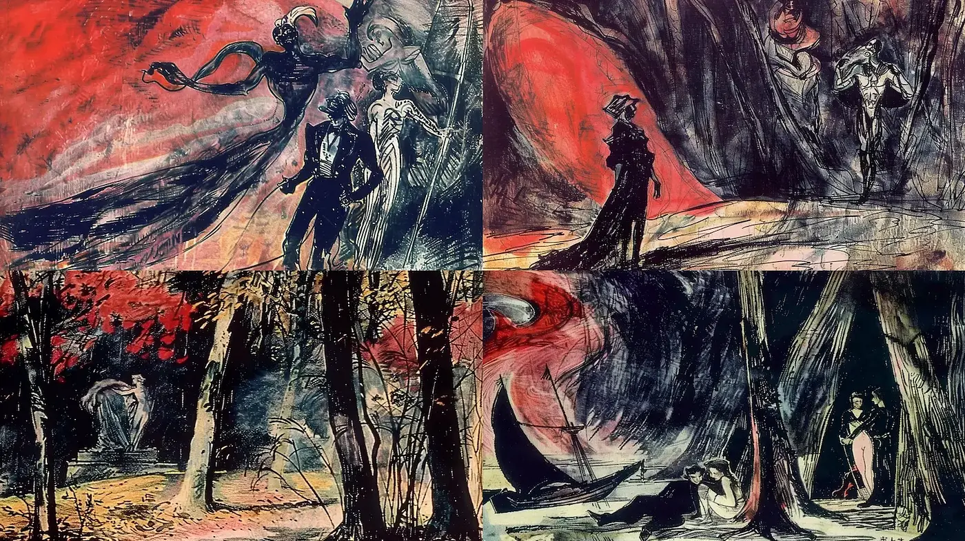 Dynamic expressionist illustrations with a dramatic color narrative - Midjourney sref style