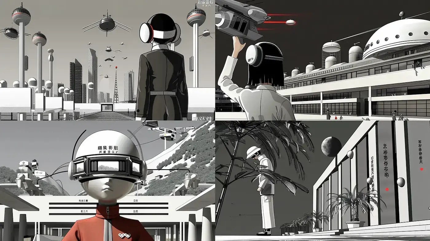 Monochromatic Retro-Futuristic Elegance - Midjourney sref style