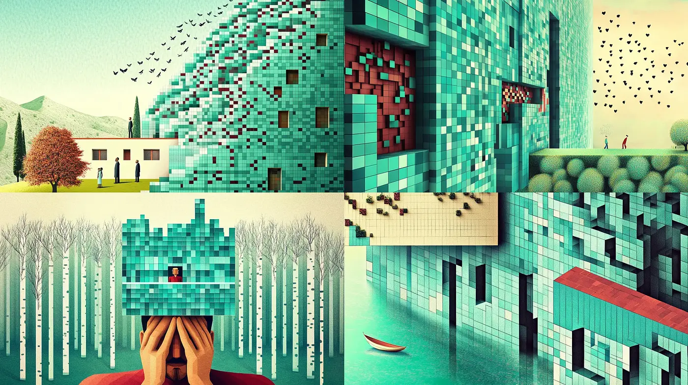 Pixelated Dreamscapes with Surrealist Influence - Midjourney sref style