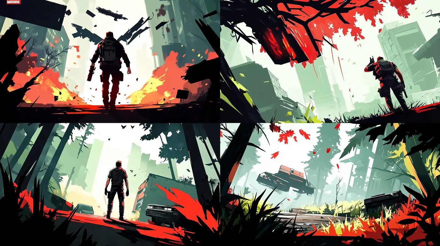 Post-Apocalyptic Vistas in Stylized Contrasting Brushwork - Midjourney sref style