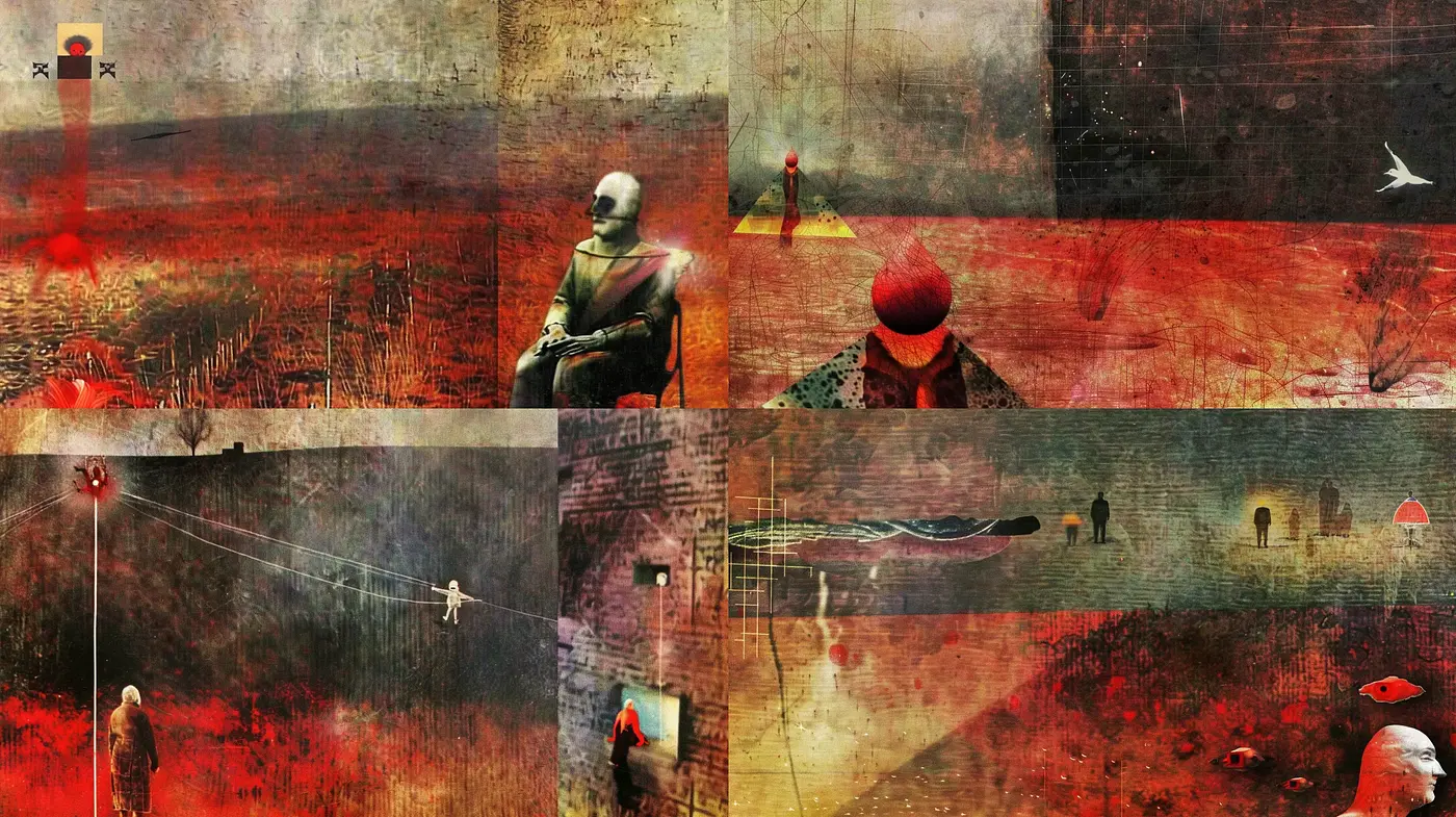 Surreal Red-Toned Collages with Abstract Textures and Ethereal Atmosphere - Midjourney sref style