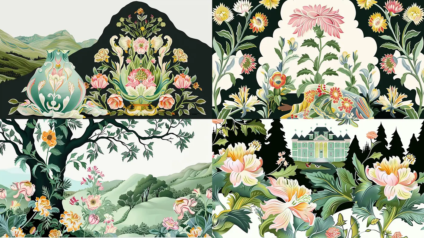 Pastoral Elegance: Floral Patterns Merging Classic Chinoiserie with Contemporary Illustrative Art - Midjourney sref style