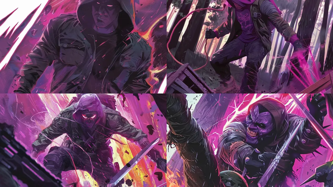 Dynamic Contrast of Vivid Purples and Warm Earth Tones in a Cinematic Illustration Style - Midjourney sref style