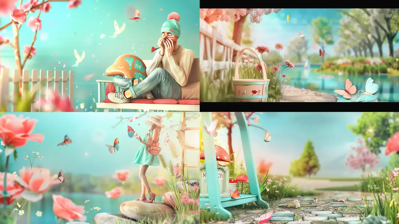 Whimsical pastel scenes infused with a serene, nature-inspired atmosphere - Midjourney sref style