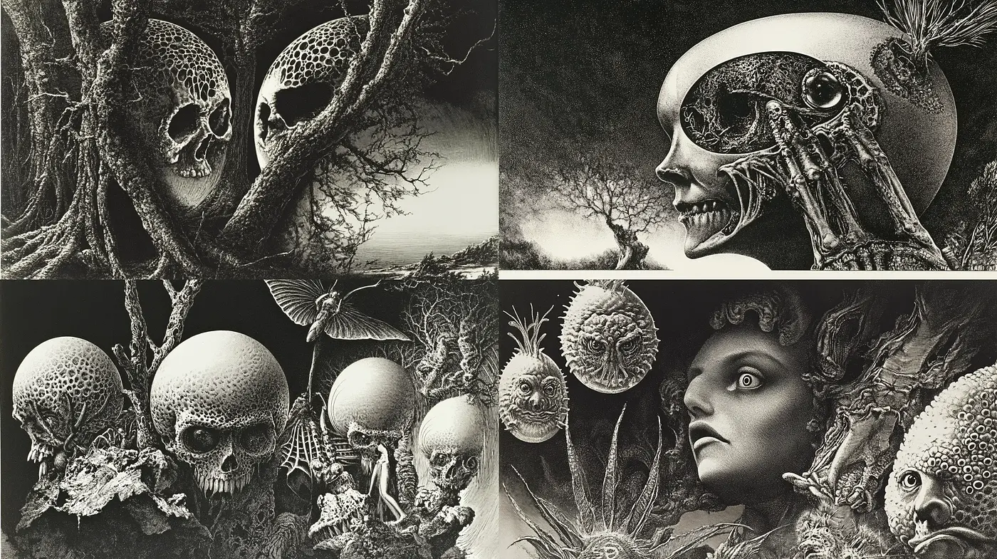 Surrealist Dreamscape with Macabre Overtones - Midjourney sref style