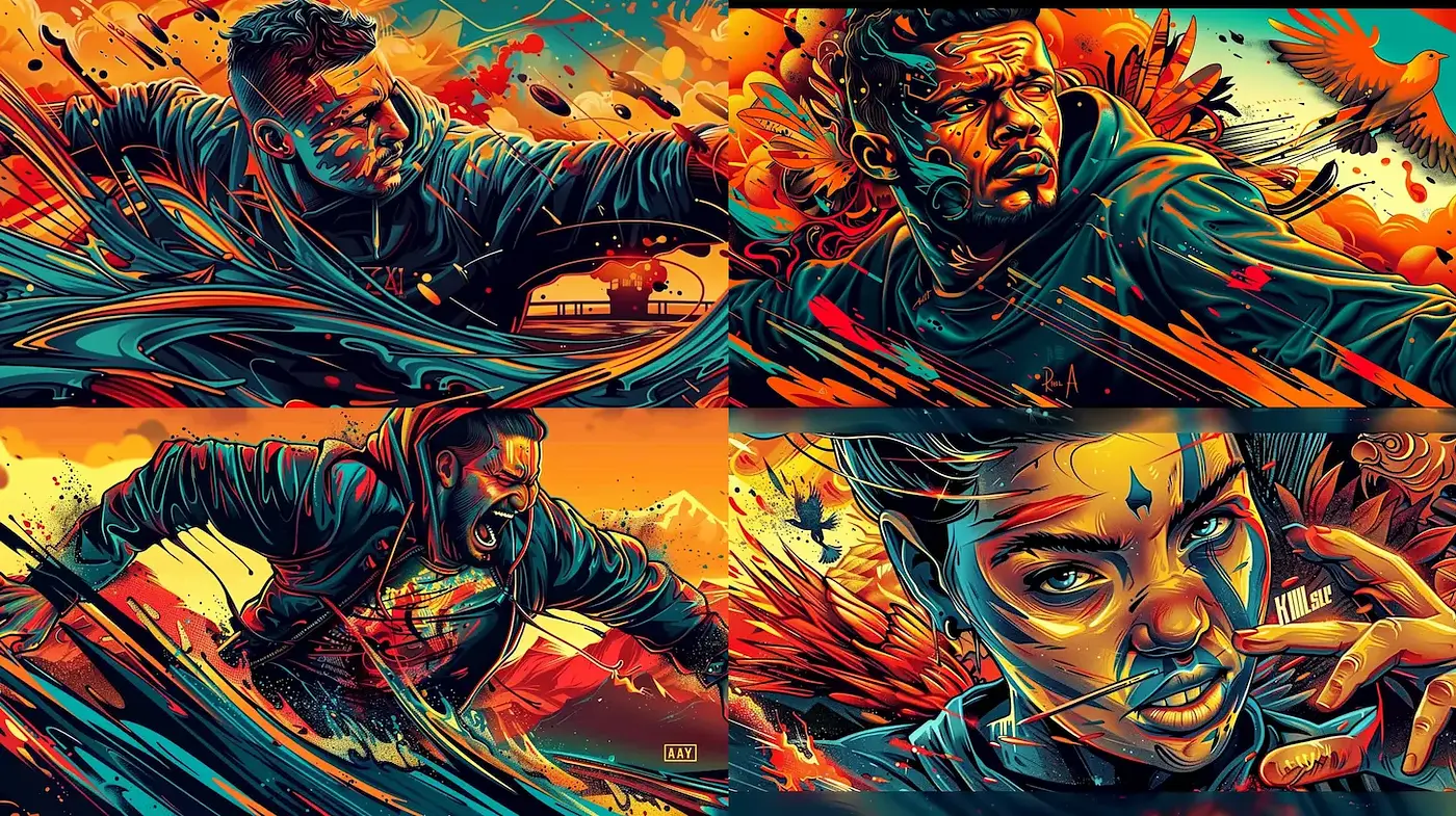 Dynamic and Vibrant Inkscape-influenced Illustrations with a Dramatic Mood - Midjourney sref style