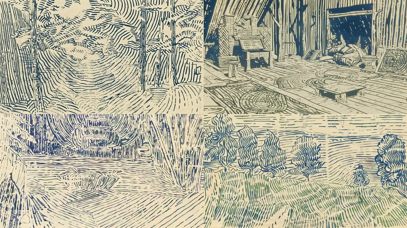 Post-Impressionist Linocut Aesthetic with Monochromatic Harmony - Midjourney sref style