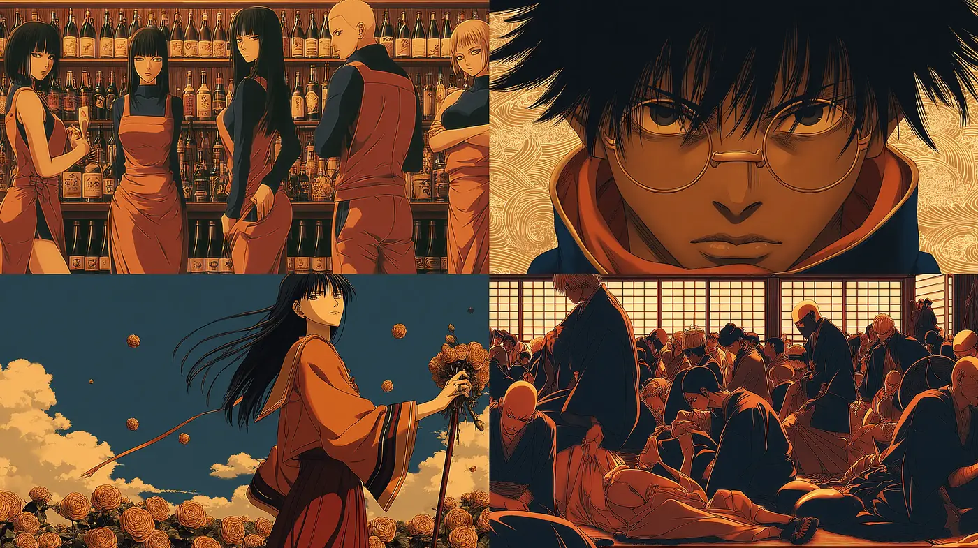 Richly Textured Japanese Aesthetic with Dynamic Character Design - Midjourney sref style