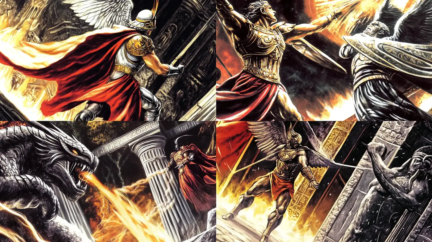 Epic Mythological Battles Captured in Dynamic Brushwork - Midjourney sref style