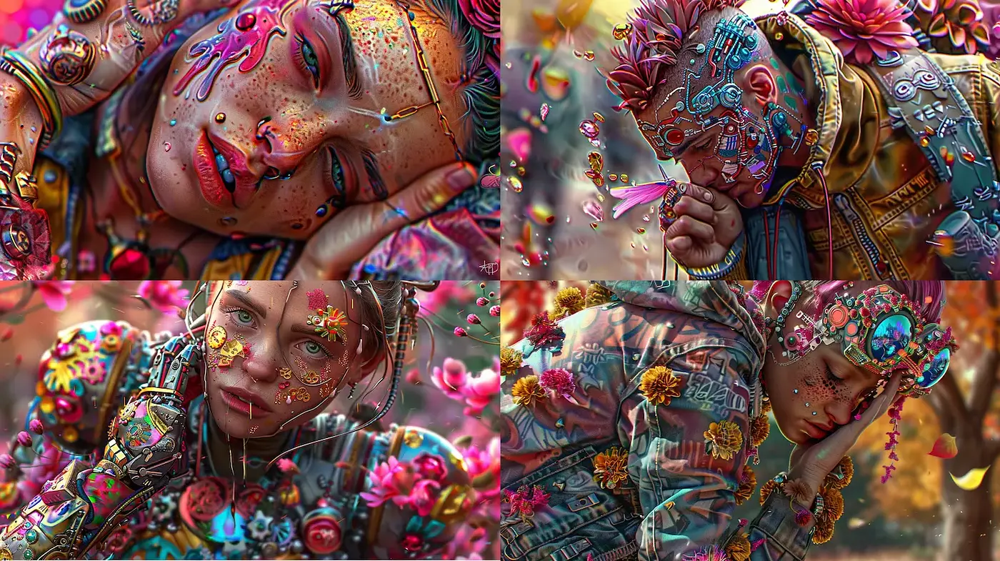 Vibrant and intricate character design with floral embellishments and bold details - Midjourney sref style