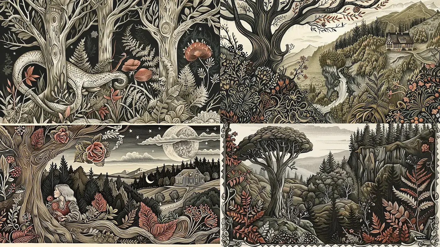 Intricate Nature Illustrations with a Mystical Touch - Midjourney sref style