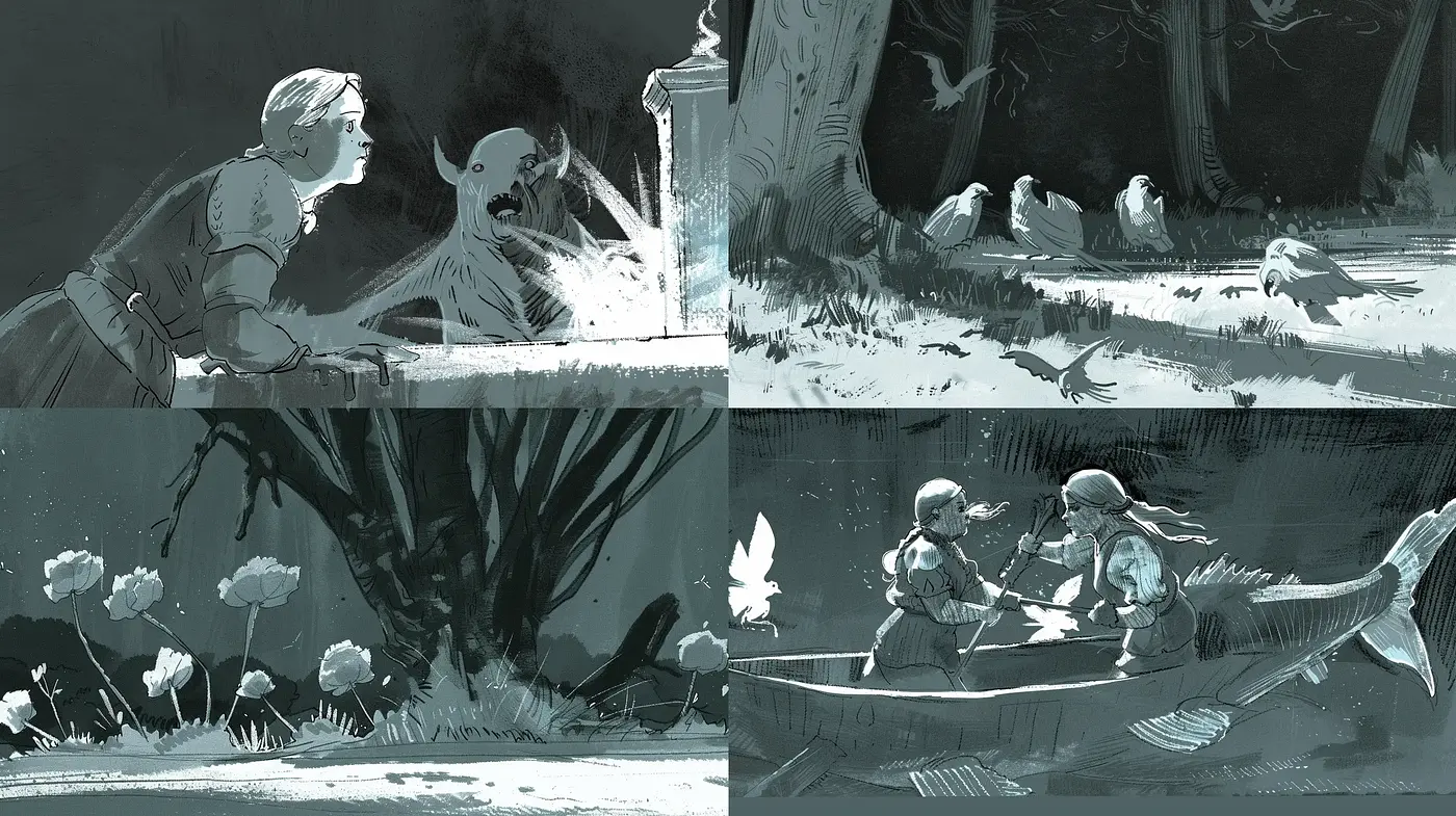 Monochromatic Storybook Illustration Inspiration - Midjourney sref style