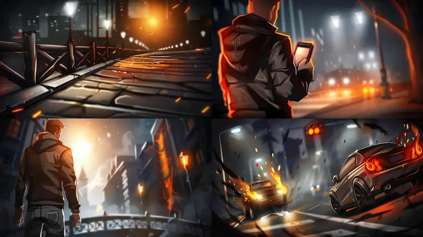 Dynamic urban scenes with dramatic lighting and a cinematic vibe - Midjourney sref style