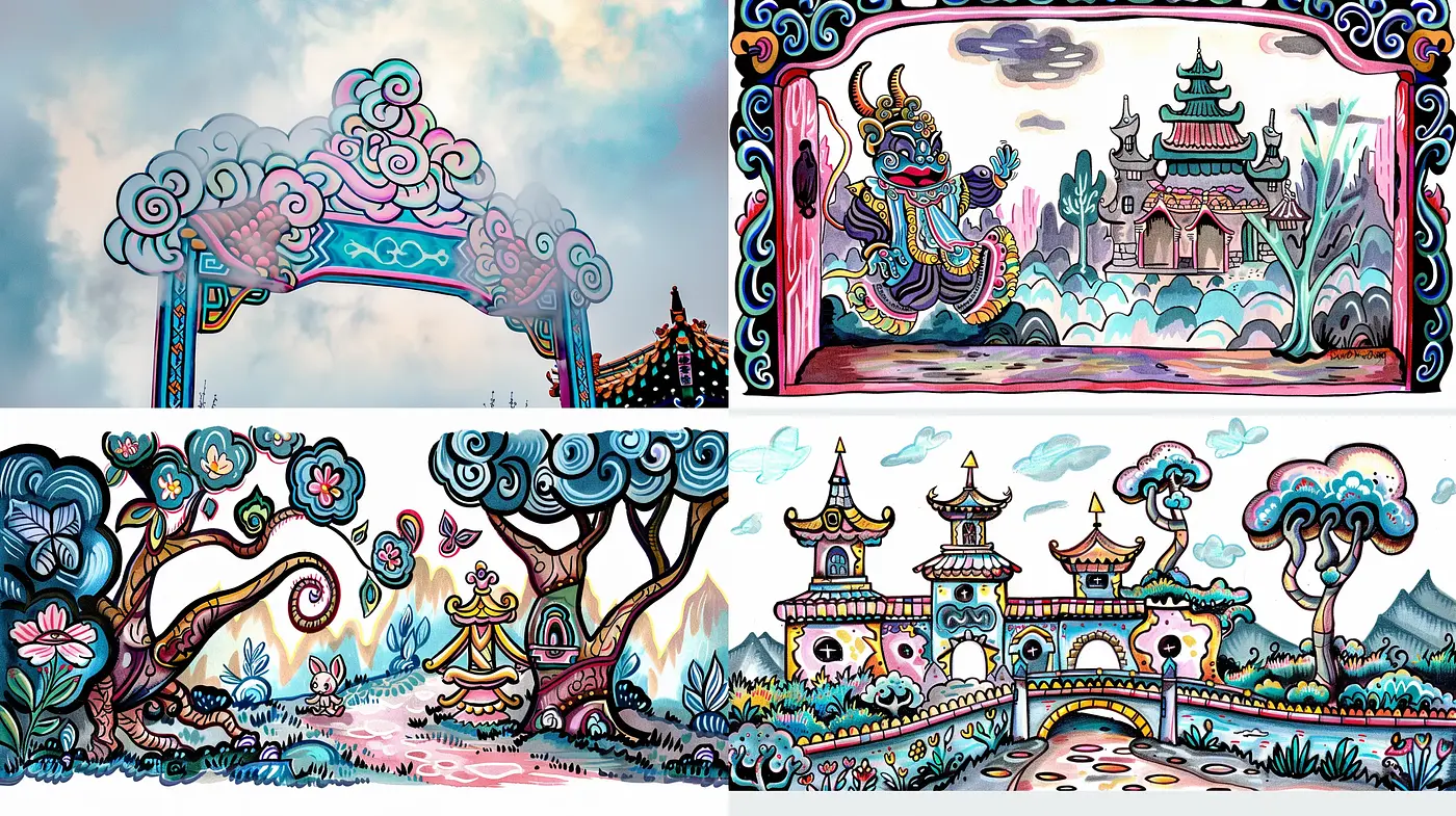 Fantastical Fusion of East Asian Aesthetics and Storybook Illustration - Midjourney sref style
