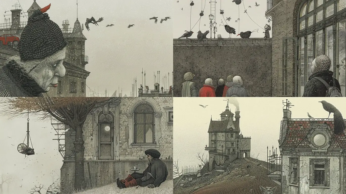 Melancholic Elegance of Surreal Urban Life in Monotone - Midjourney sref style