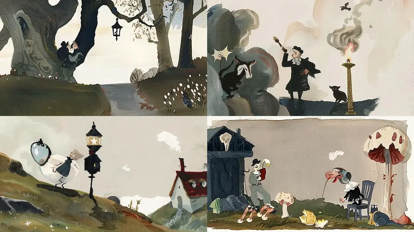 Whimsical Narrative Illustrations Heavily Infused with Vintage Charm - Midjourney sref style