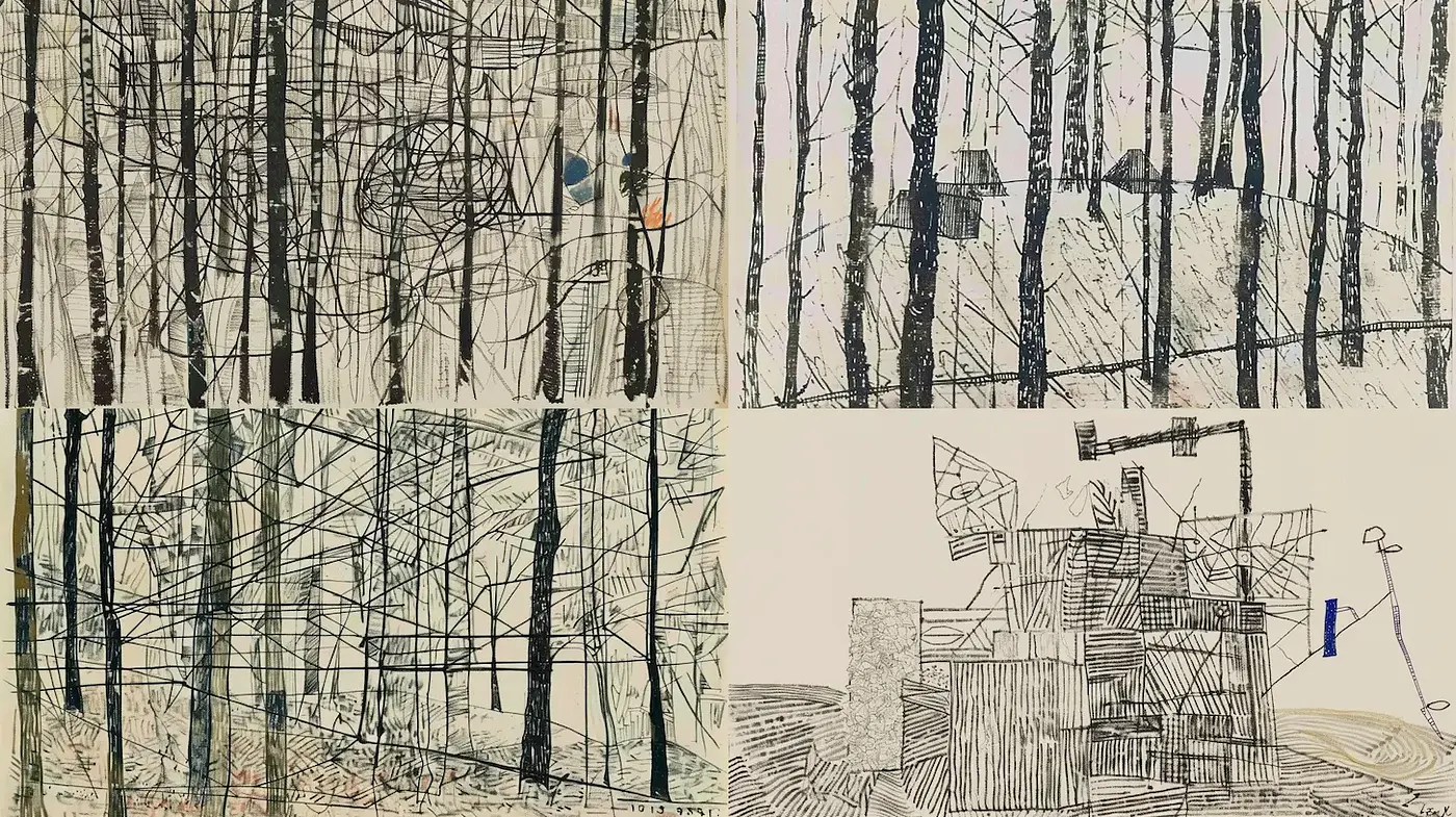 Exploration of Abstract Nature Through Minimalist Line Art and Monochromatic Tones - Midjourney sref style