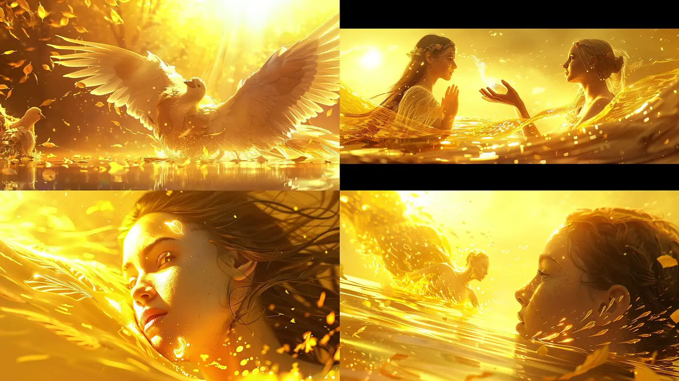 Sun-drenched Ethereal Dreamscape with Golden Hues and Dynamic Motion - Midjourney sref style