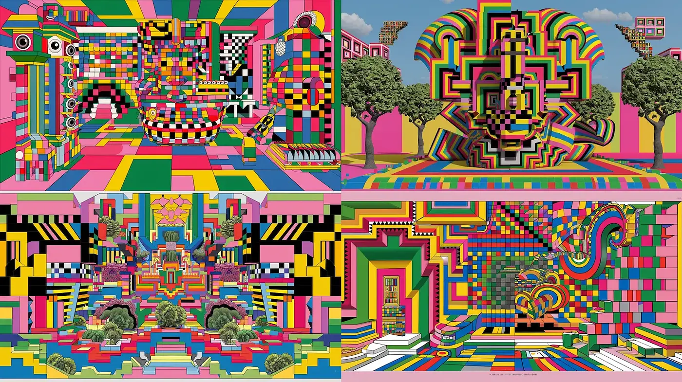 Boldly Colorful Geometric Abstractions with Layered Patterns - Midjourney sref style