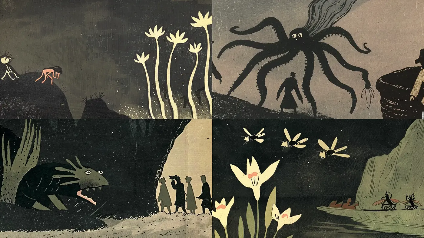 Eerie Mythos in Monochromatic Storybook Illustration - Midjourney sref style
