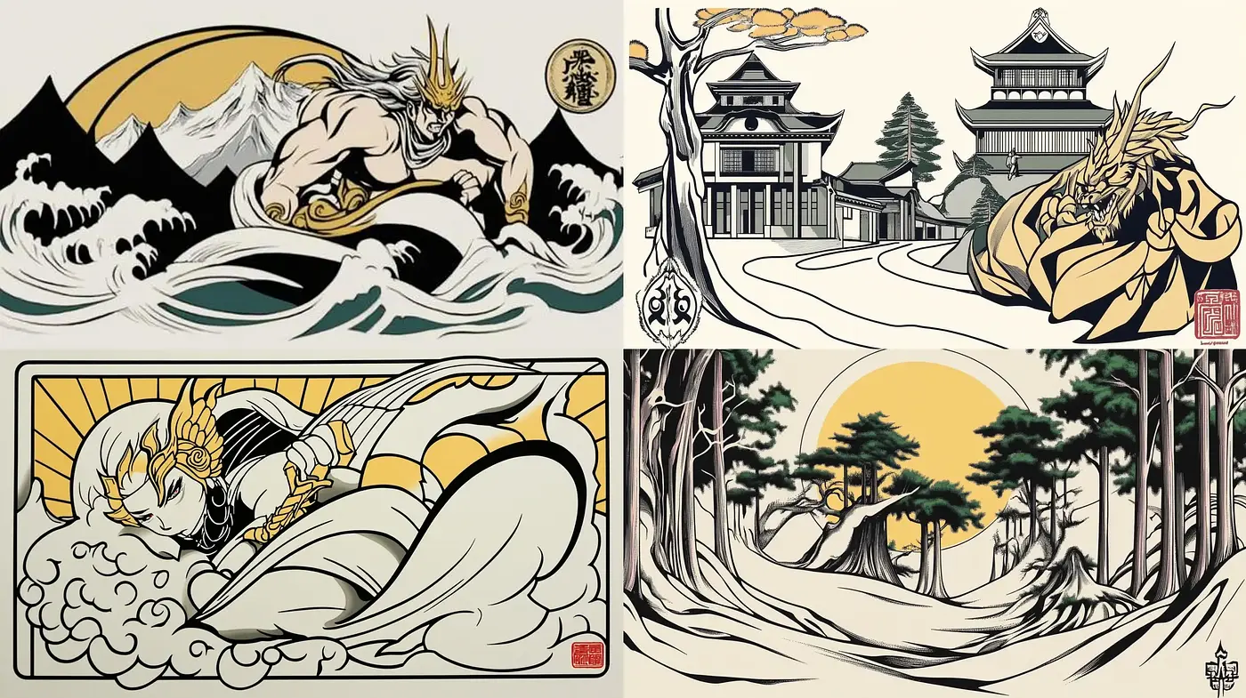 Ethereal Ukiyo-e Fusion with Monochromatic Golden Elegance - Midjourney sref style