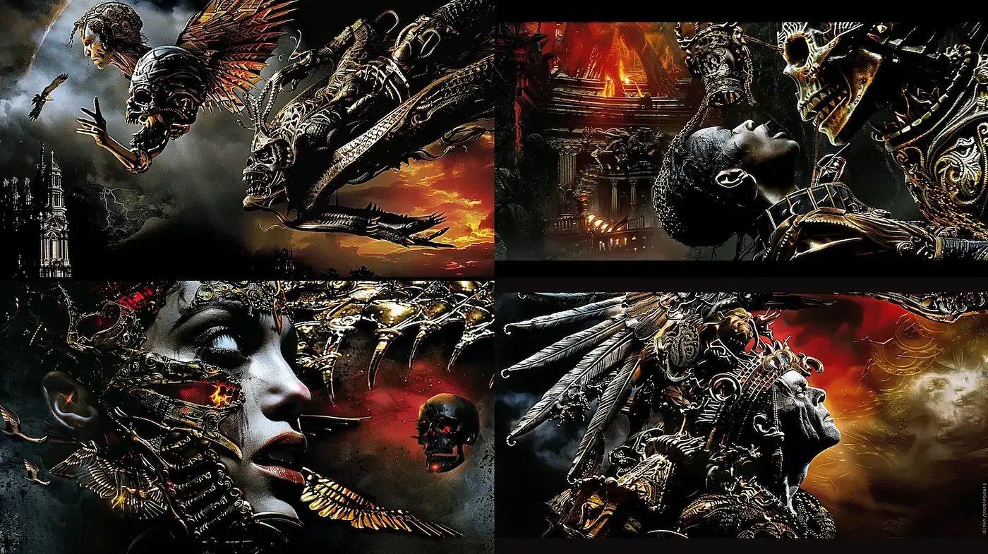 Dark, intricate, and surreal fantasy with mechanical elements - Midjourney sref style
