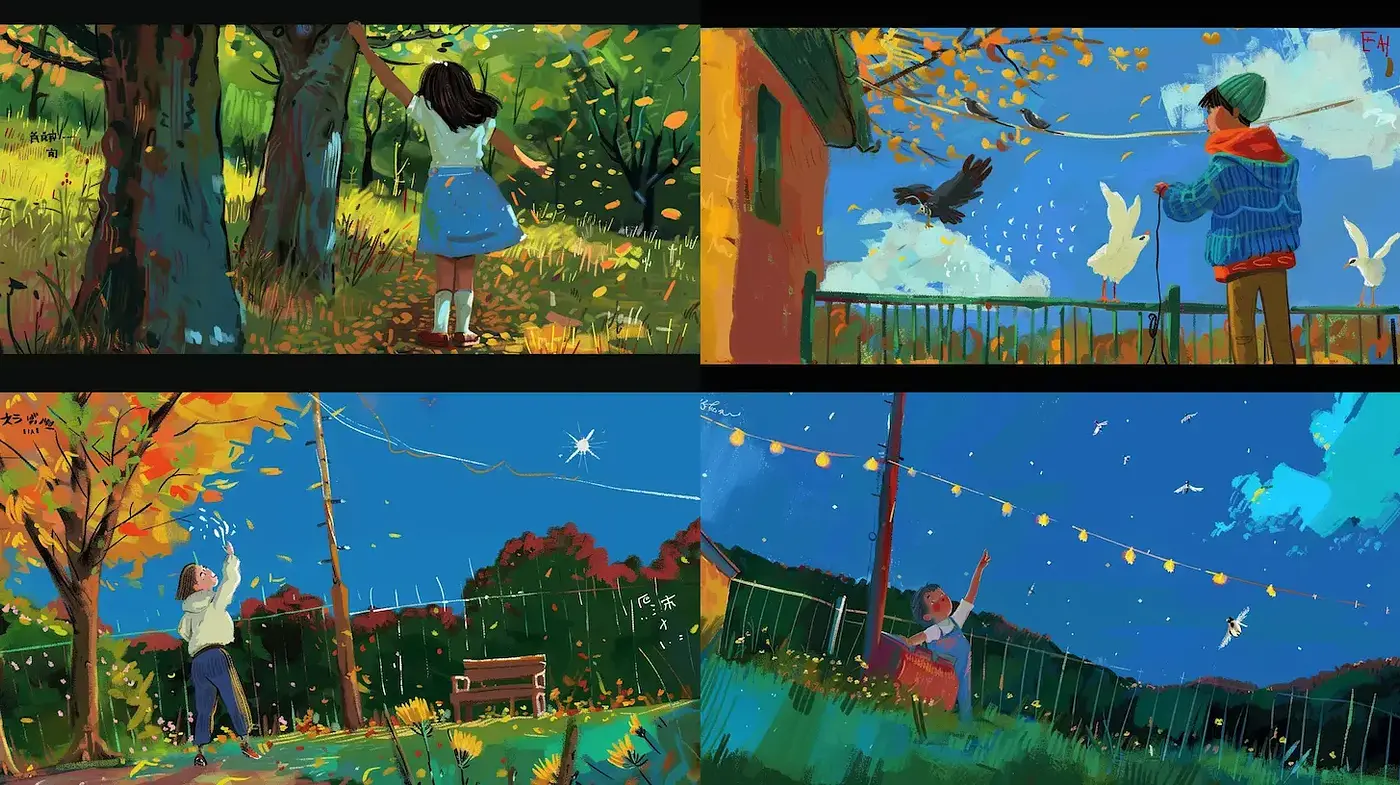 Vibrant and Whimsical Scenes Capturing the Essence of Nature and Childhood - Midjourney sref style
