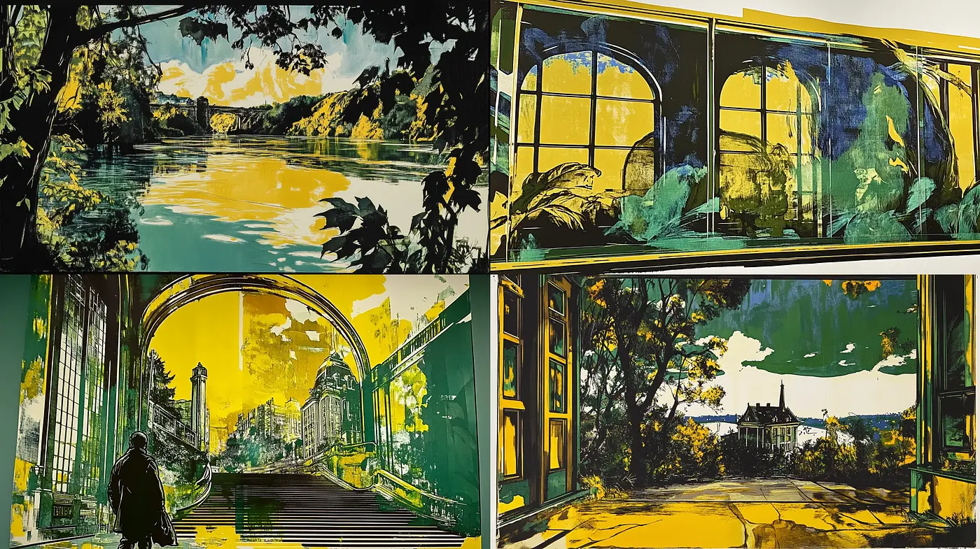 Contrasting Vibrancy: A Study in Luminescent Hues and Bold Silhouettes - Midjourney sref style