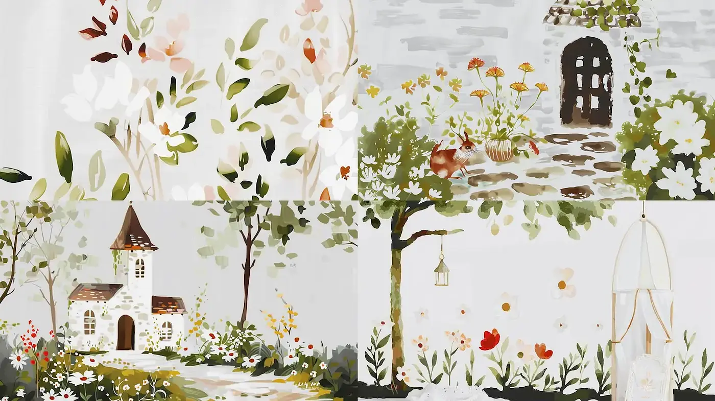 Charming pastoral scenery with soft botanical elements - Midjourney sref style