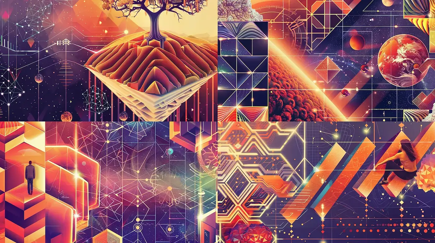 Futuristic Abstract Landscapes with Geometric Elements and Vibrant Colors - Midjourney sref style