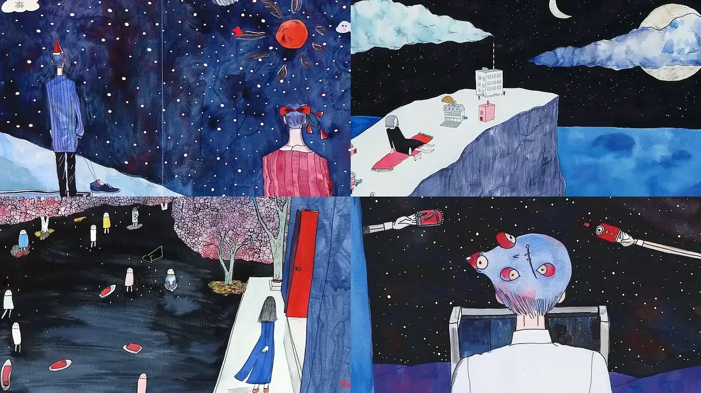 Surreal and Whimsical Illustrations with Dreamlike Imagery - Midjourney sref style