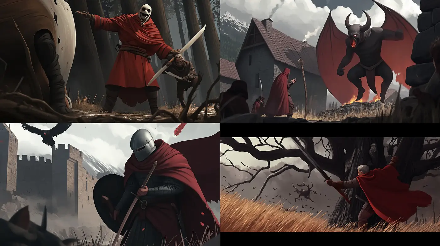 Epic Tales of Medieval Fantasy: A Cohesive Vision in Red and Gray - Midjourney sref style