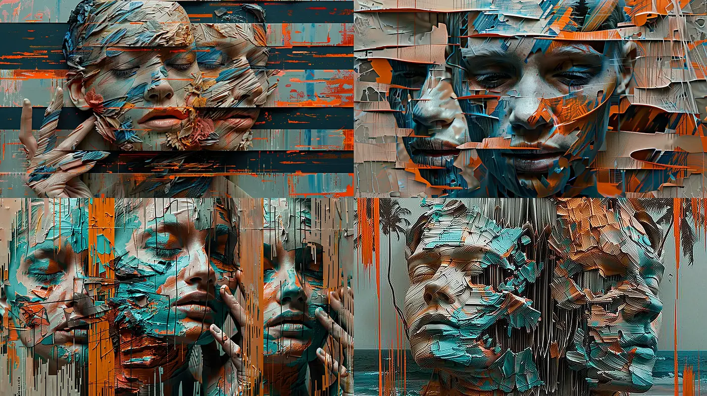 Abstract Digital Fragmentation in a Turquoise and Rust Palette - Midjourney sref style