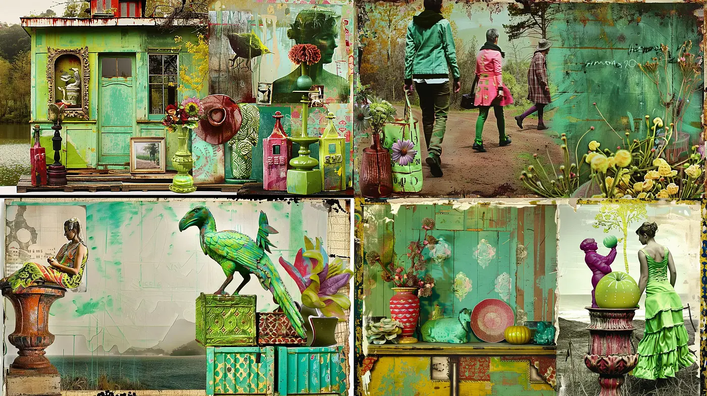 Eclectic Nostalgia with Vivid Textural Contrasts - Midjourney sref style