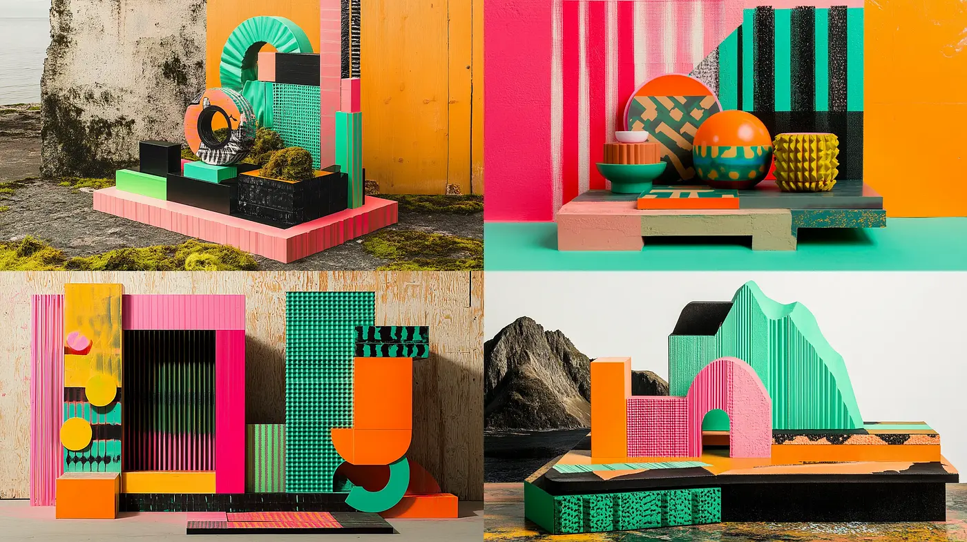 Geometric Contrasts in Vivid Hues: A Symphony of Abstracted Urbanism - Midjourney sref style