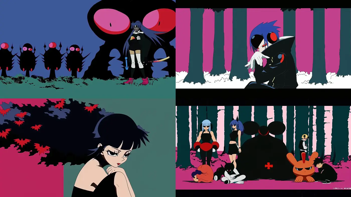 Stylized Anime Noir with Contrasting Color Dynamics - Midjourney sref style
