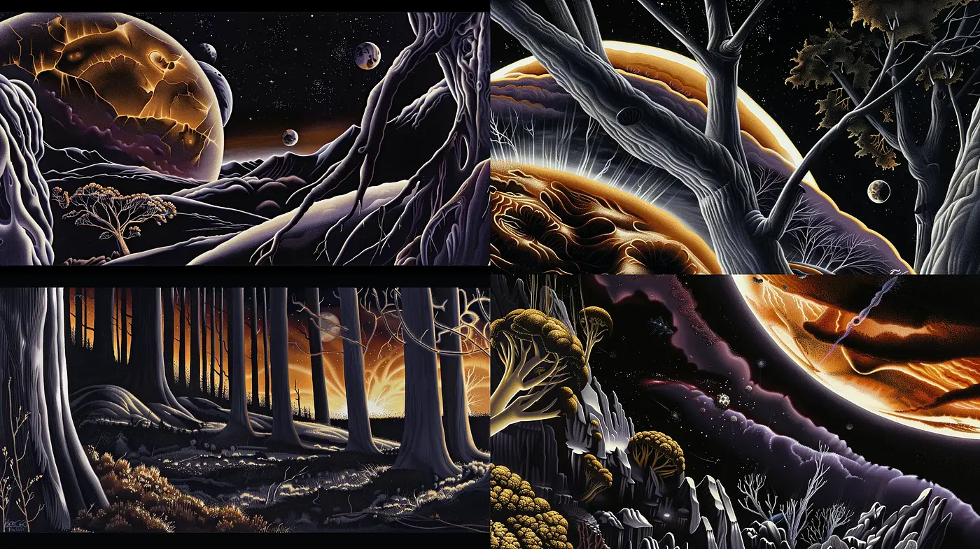 Ethereal Nocturnal Dreamscape: A Fusion of Surrealism and Fantasy Art - Midjourney sref style