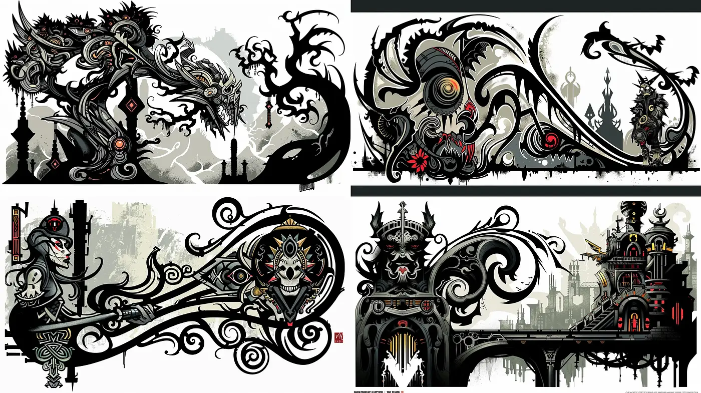 Gothic Reverie: Monochromatic Flourishes and Sinister Elegance - Midjourney sref style