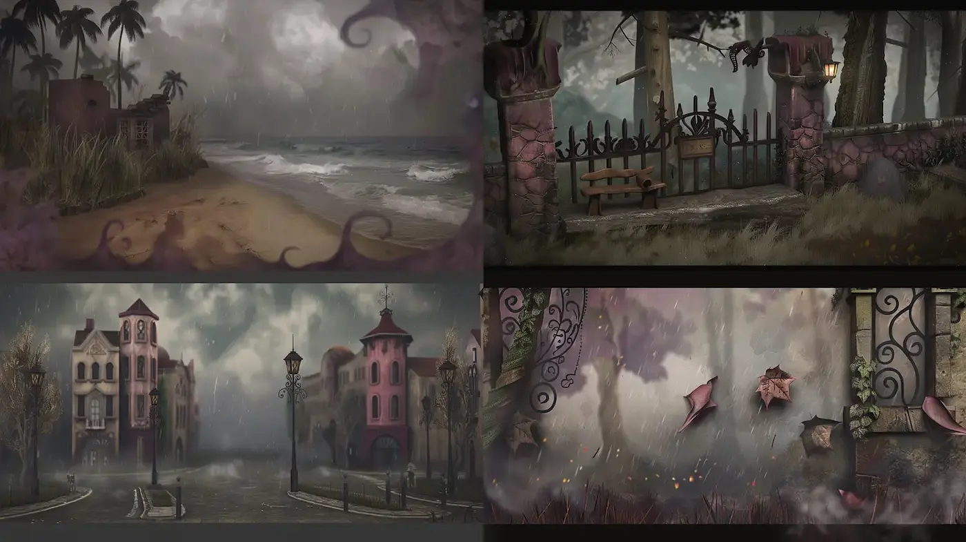 Eerie atmospheric landscapes with whimsical details - Midjourney sref style