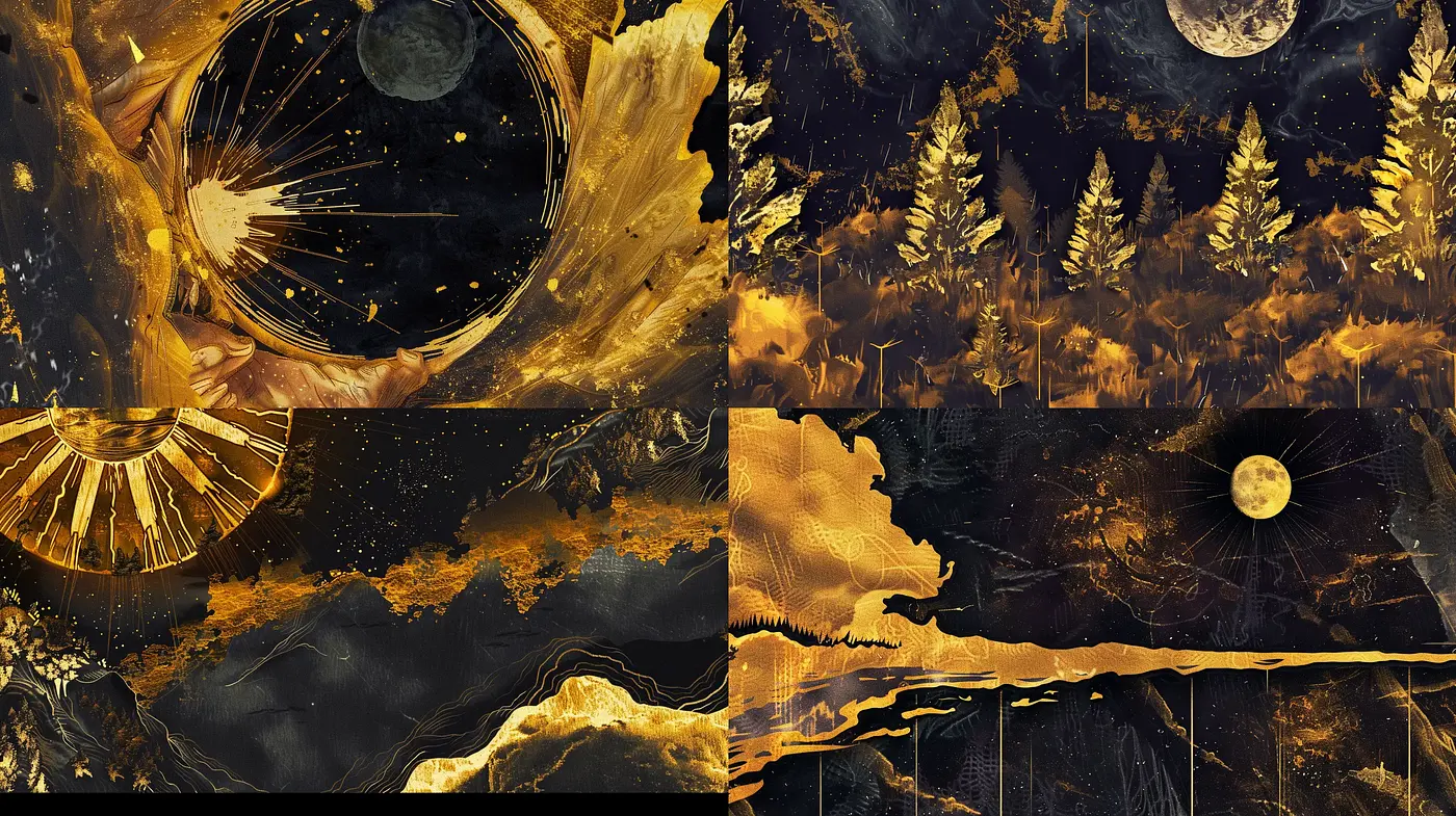 Astral Echoes in Golden Noir - A Stylistic Fusion of Cosmic Wonder and Earthly Mystique - Midjourney sref style