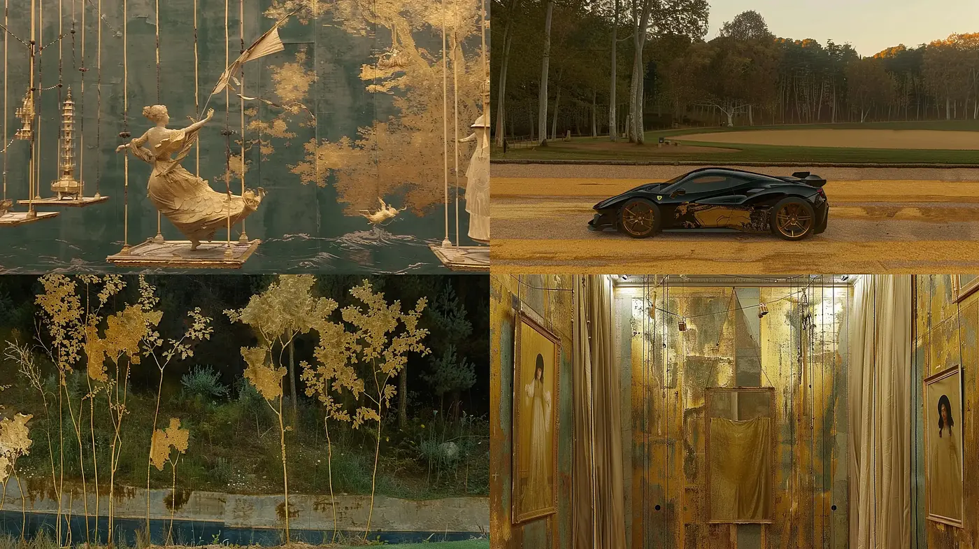 Ethereal Gold-Toned Tranquility: A Timeless Harmony of Nature and Object - Midjourney sref style