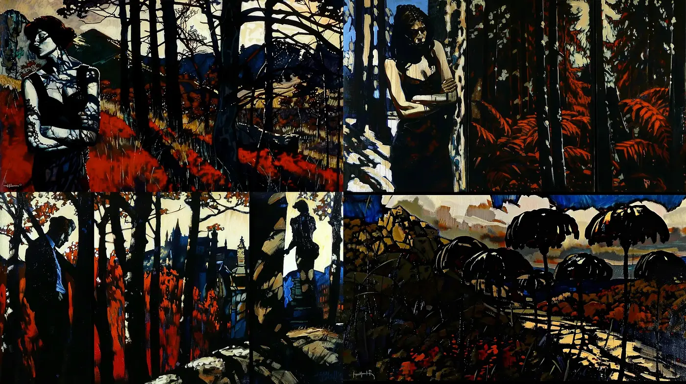 Stark Contrast and Silhouetted Figures Amidst an Expressive Natural Backdrop - Midjourney sref style
