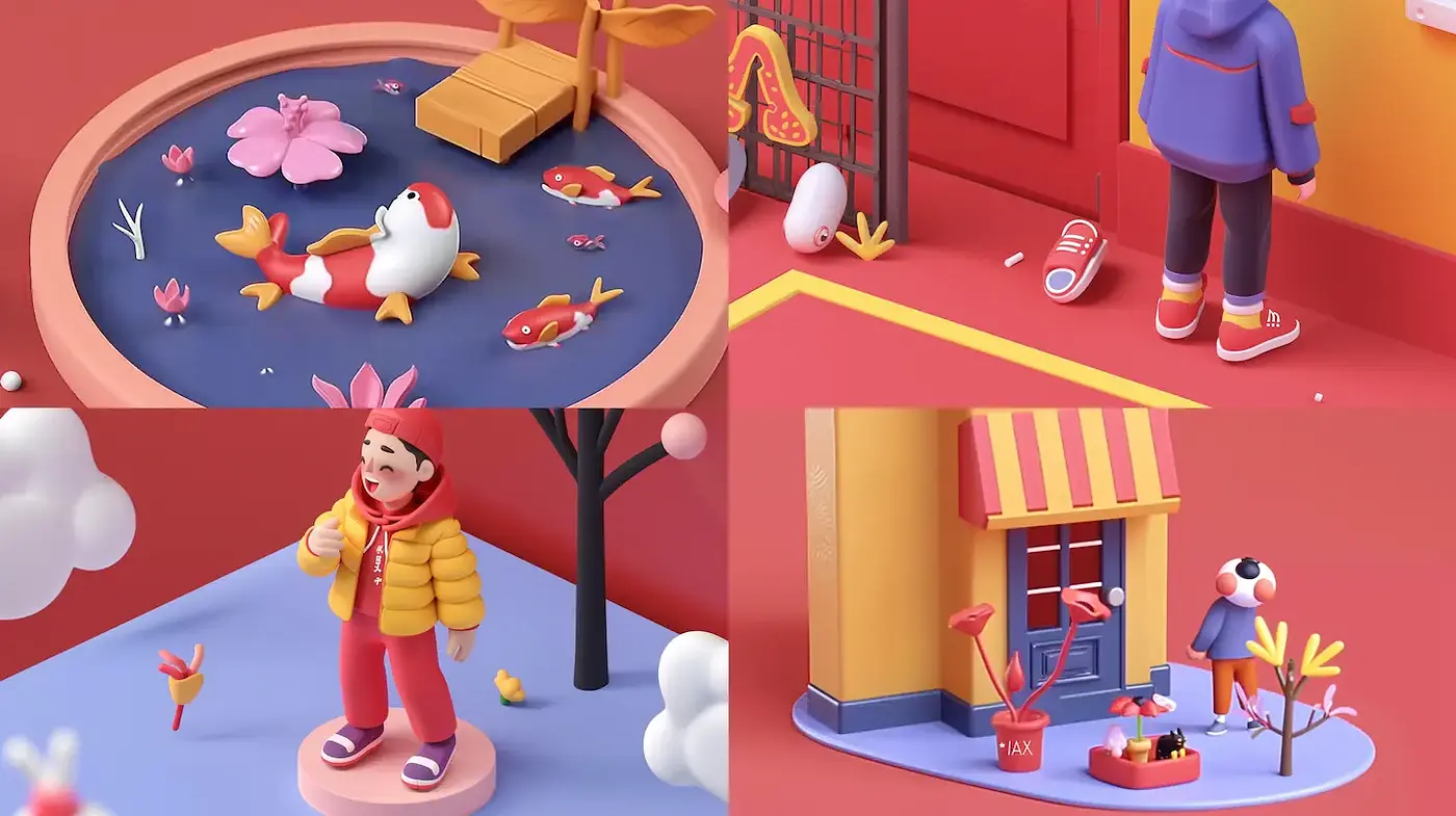 Colorful and Whimsical 3D Character Illustrations with Playful Elements - Midjourney sref style