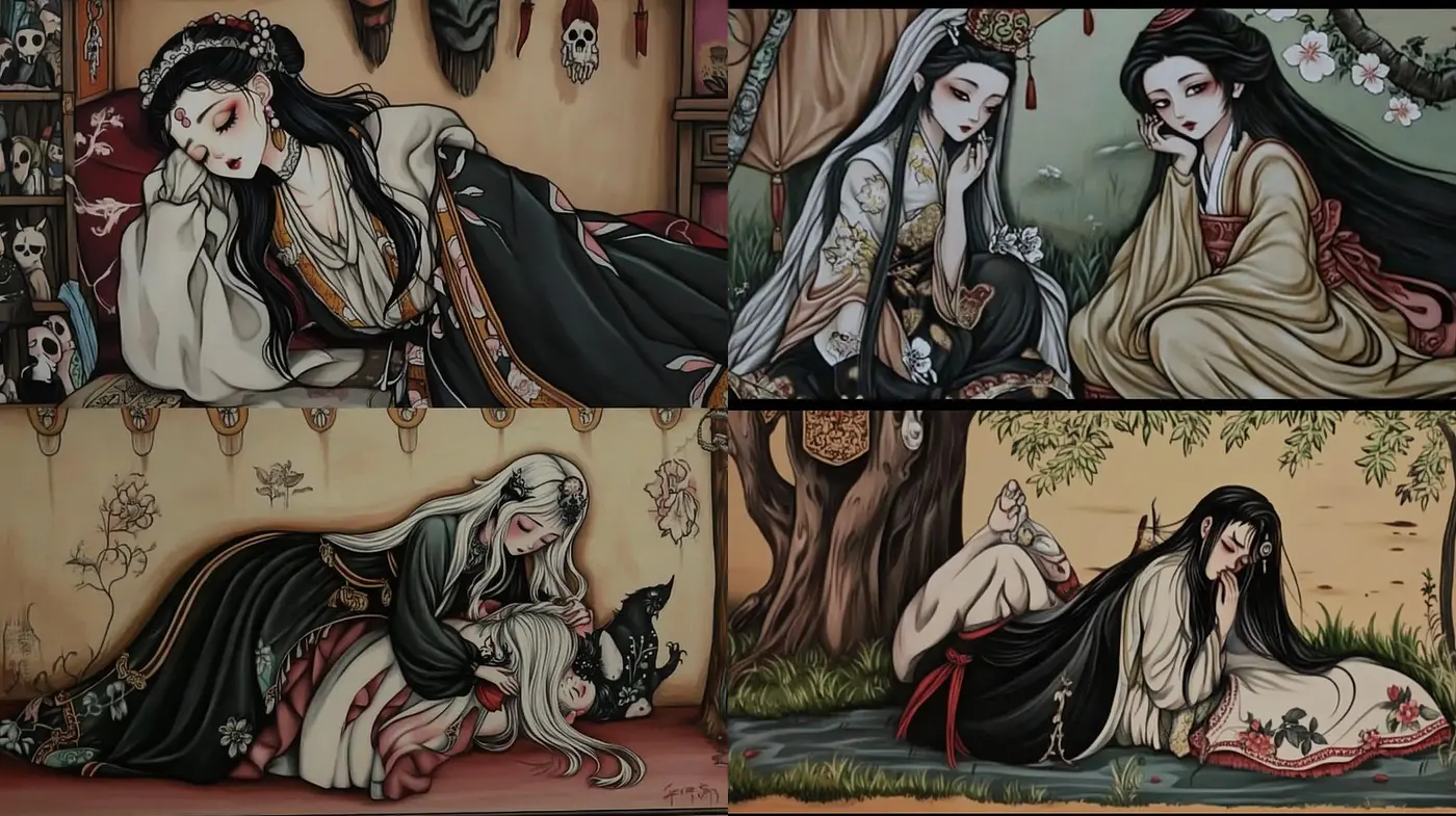 Ethereal and Mystical Japanese-Inspired Art with a Dark Undertone - Midjourney sref style