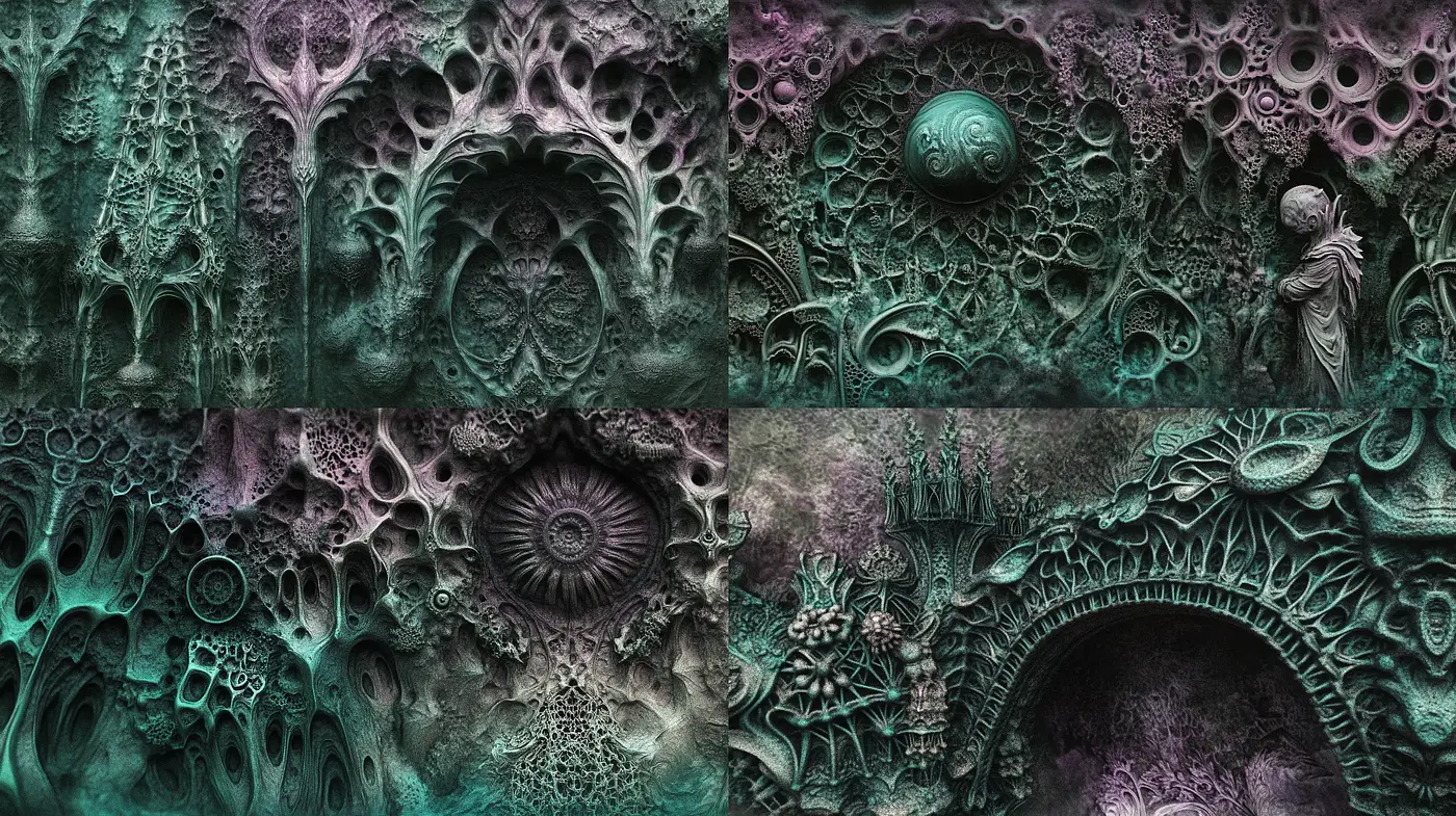 Ethereal Biomechanical Dreamscape: A Synthesis of H.R. Giger's Vision and Organic Surrealism - Midjourney sref style