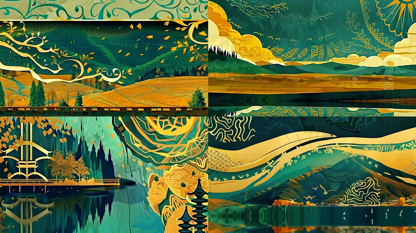 Ethereal Golden Tapestry: A Harmonic Blend of Art Nouveau Elegance and Modern Stylized Nature - Midjourney sref style
