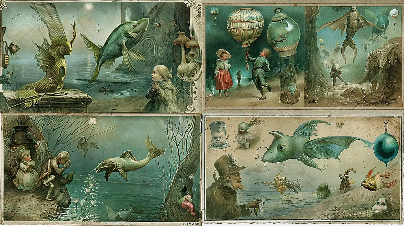Mystical Aquatic Dreamscape in Subdued Vintage Hues - Midjourney sref style